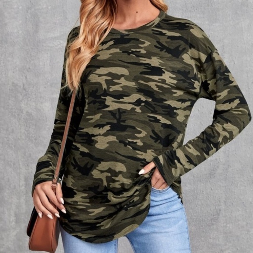 LAST ONE! Boho Olive Green Camo Print Long Sleeve Top